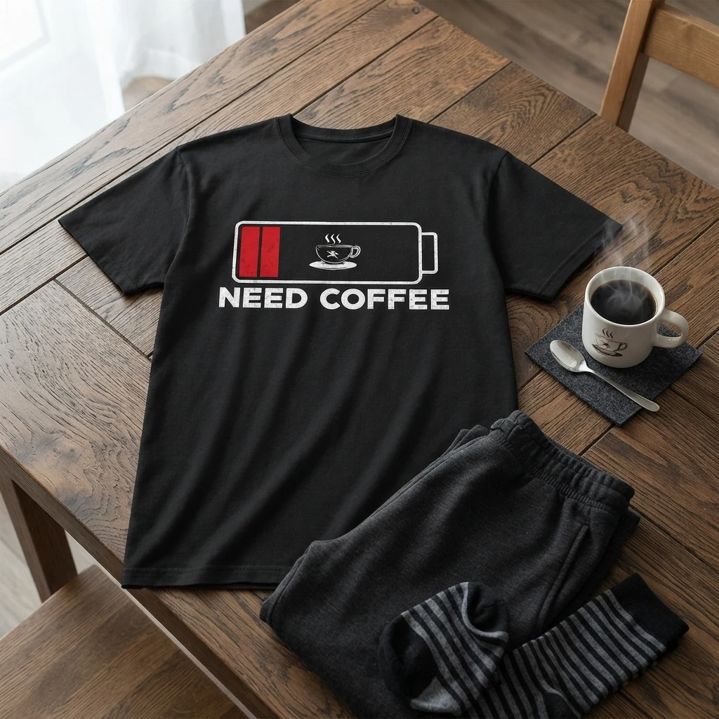 Graphic Printed Tee – Need Coffee Flatlay